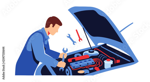 Bild auf Leinwand Mechanic repairing car engine with tools.
