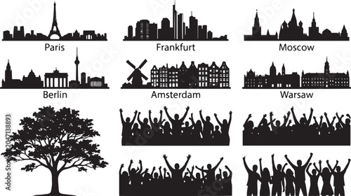 Photography Set of black silhouettes featuring famous European city skylines, cheering crowd