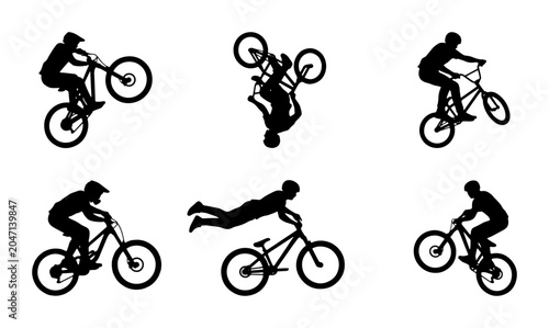 Tableau sur toile BMX Bike Stunts Silhouettes, Extreme Sports Action Vector Set, Dynamic Bicycle T