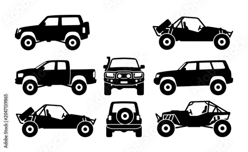Foto Off-Road Vehicle Silhouettes: SUV, Truck, Dune Buggy Icons for Adventure and Tra