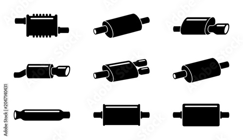 Tableau sur toile Automotive Exhaust Muffler Icons, Car Parts Silencer Vector Set, Vehicle Repair