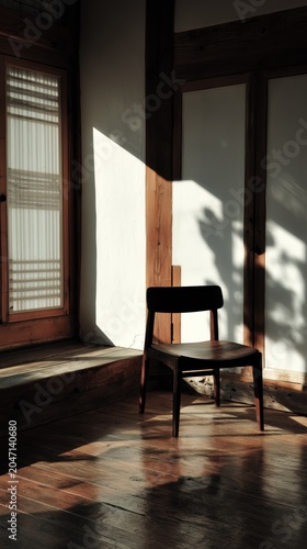 A serene, minimalist room featuring a wooden chair, soft sunlight, and traditional wooden elements creating a calm atmosphere.