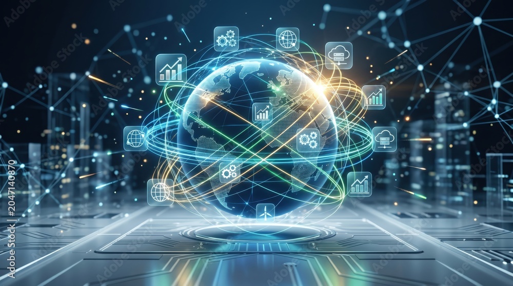 Fototapeta premium Futuristic digital globe with network connections and icons representing global technology, internet, cloud computing and big data visualization