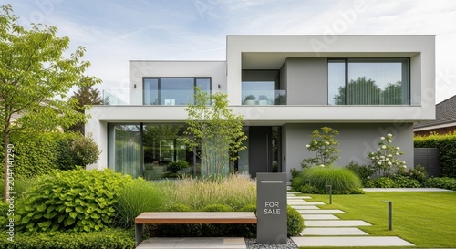 Modern luxury villa with contemporary architectural design and landscaped garden.