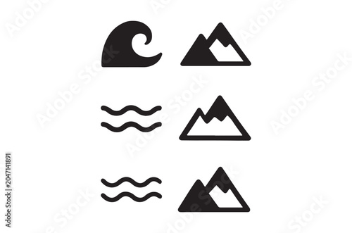 Wave And Mountain Silhouettes Black And White Graphic Design