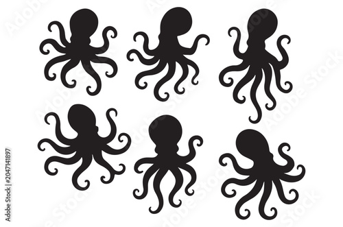 Octopus Silhouettes On White Background Black Marine Animal Shapes