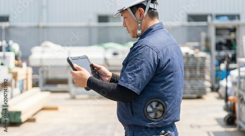 Tapety artystyczne 資材置き場でタブレットを確認する日本人男性の作業員、現場で空調服を稼働させて涼む、熱中症対策