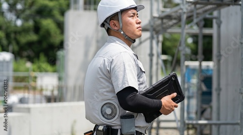 建設現場でタブレットを持ち遠くを見つめる日本人男性の現場監督、現場で空調服を稼働させて涼む、熱中症対策
