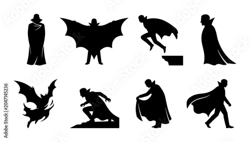 Foto Vampire Silhouettes Collection: Gothic Dracula Icons, Spooky Halloween Vector Se