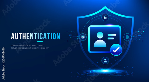 Obraz na plátně User authentication banner with digital ID card and shield icon on technology blue background