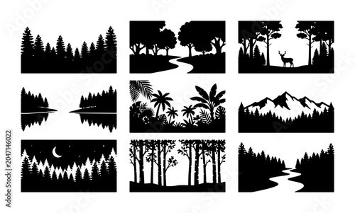 Tablou pe pânză Diverse Forest and Nature Silhouettes, Vector Scenes: Mountains, Rivers, Wildlif