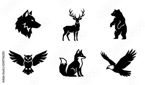 Photography Wild Animal Silhouettes: Wolf, Deer, Bear, Owl, Fox, Eagle Icons, Forest Fauna V
