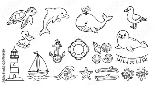 Photography Nautical sea animals coloring book set, cute ocean life line art icons, black an