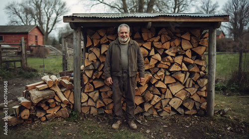 Man standing woodpile yard showing satisfied relaxation with practical clothes firewood and natural daylight creating earthy rural self sufficient generative AI