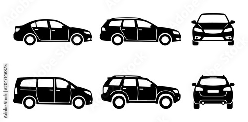 Foto Black Car Icons Set: Sedan, Wagon, SUV, Minivan Views, Vector Graphics