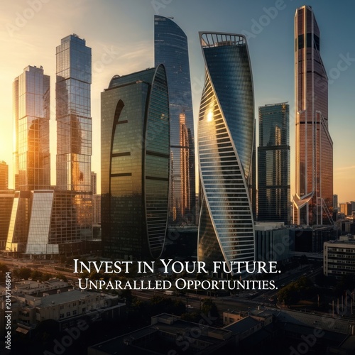 Modern City Skyscrapers at Sunset with Financial Growth Concept.