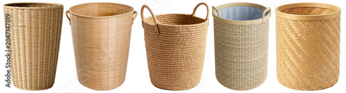 Valokuva Diverse handcrafted natural woven baskets in varying shapes and sizes, made from wicker and bamboo, isolated for decor