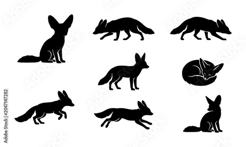 Cuadro en lienzo Fennec Fox Silhouettes Set, Desert Animal Vector Icons, Wildlife Collection