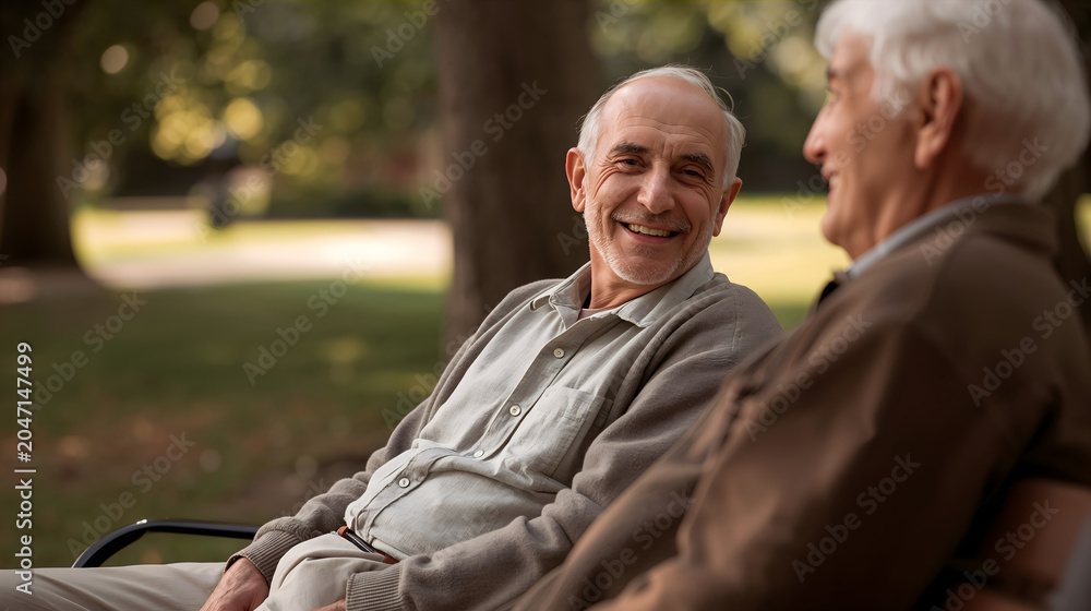 Obraz premium Men sitting park bench showing warm companionable conversation with everyday clothes grassy path and natural daylight creating relaxed friendly generative AI
