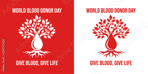 Konstfotografi World blood donor day banner concept with creative blood drop tree and give bloo