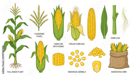 Tableau sur toile Detailed maize plant and corn cob vector set with kernels for agriculture design