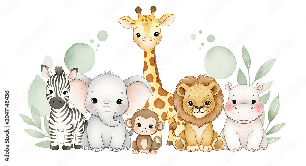 Naklejka premium Cute baby safari animals arrangement with giraffe elephant zebra lion monkey hippo