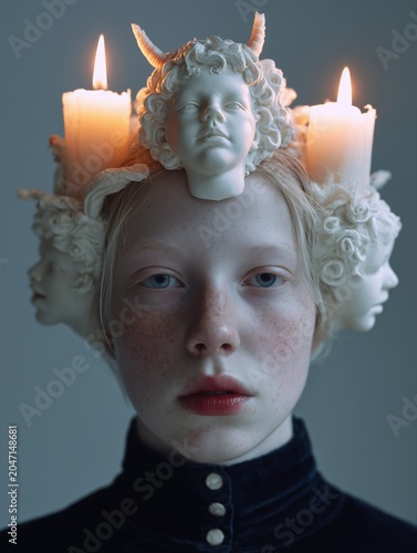 A surreal portrait featuring a young person wearing a candlelit sculpture headpiece with intricate, artistic designs and ethereal lighting.