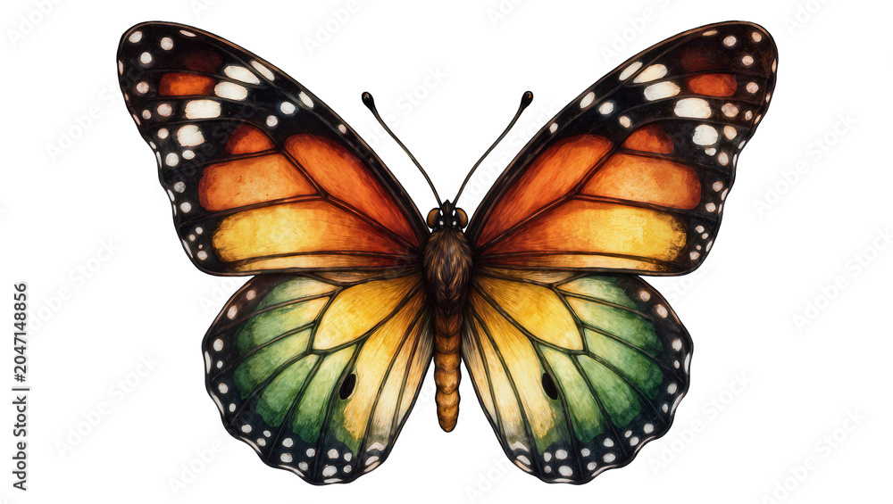 Obraz premium Monarch butterfly with orange yellow, and green wings and white spots