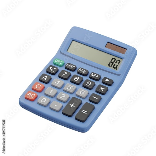 Blue Calculator with Digital Display Showing Numbers on White Background.