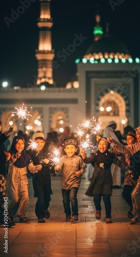 Group of joyful children playing with sparklers in front of a beautifully lit mosque at night.