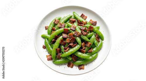 Fresh green peas with bacon bits served on plate. Close up of cooked sugar snap peas with savory bacon topping. Delicious healthy side dish for any meal
