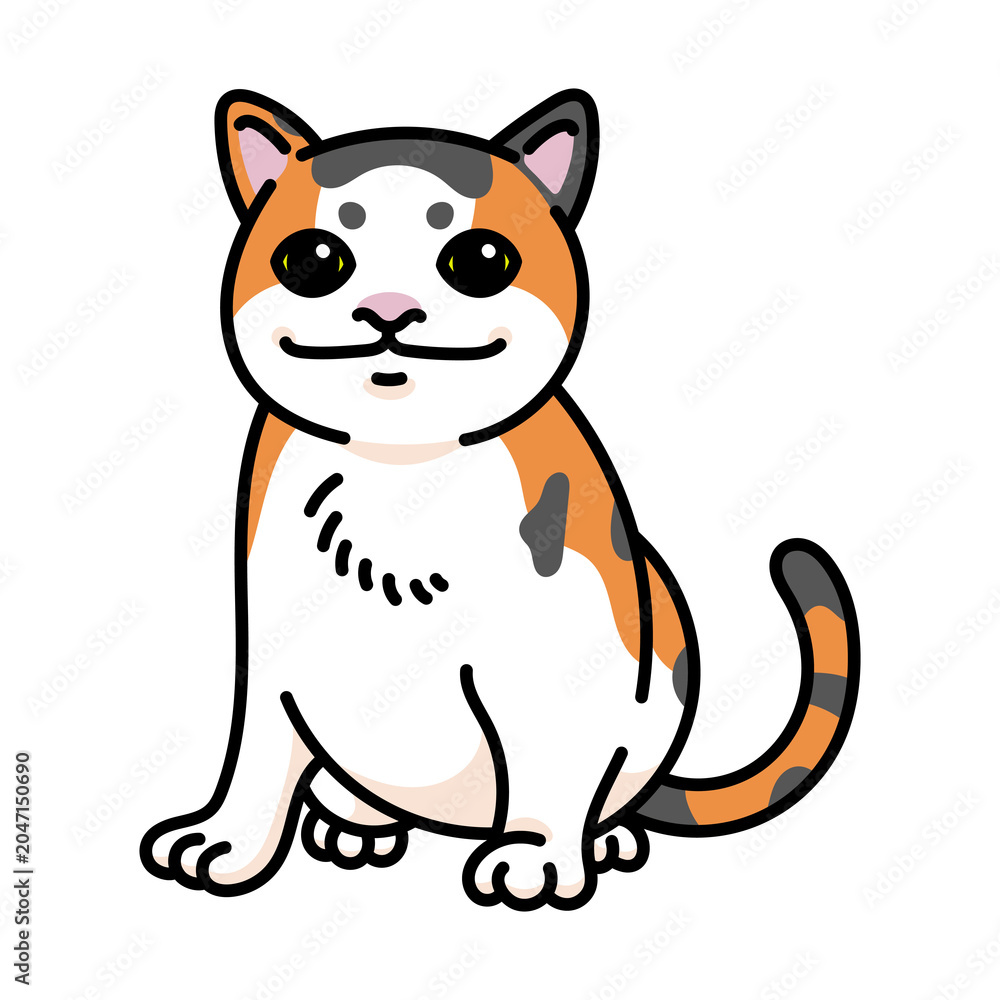 Fototapeta premium Cute Calico Cat Cartoon Sticker with Smug Expression, Isolated on Black Background