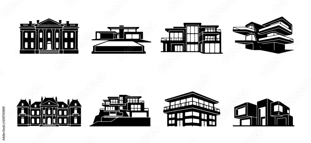 Naklejka premium Modern & Classic Architecture Silhouettes: Luxury Homes, Estates, Buildings