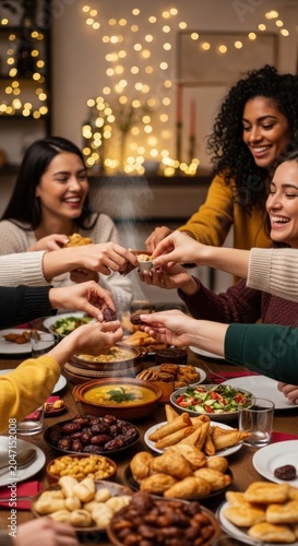 Diverse Friends Celebrating Iftar Together at Home.