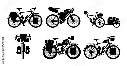 Konstfotografi Bicycle Touring Icons: Adventure Bikes, Bikepacking Rigs, Cargo Trailers, Vector