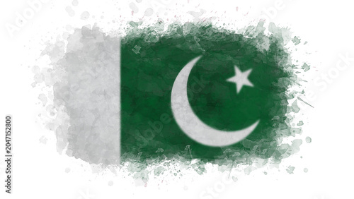 Tableau sur toile The flag of Pakistan, with its green field, white crescent moon, and star, is presented in a watercolor artistic style with a distressed, paint-splattered appearance