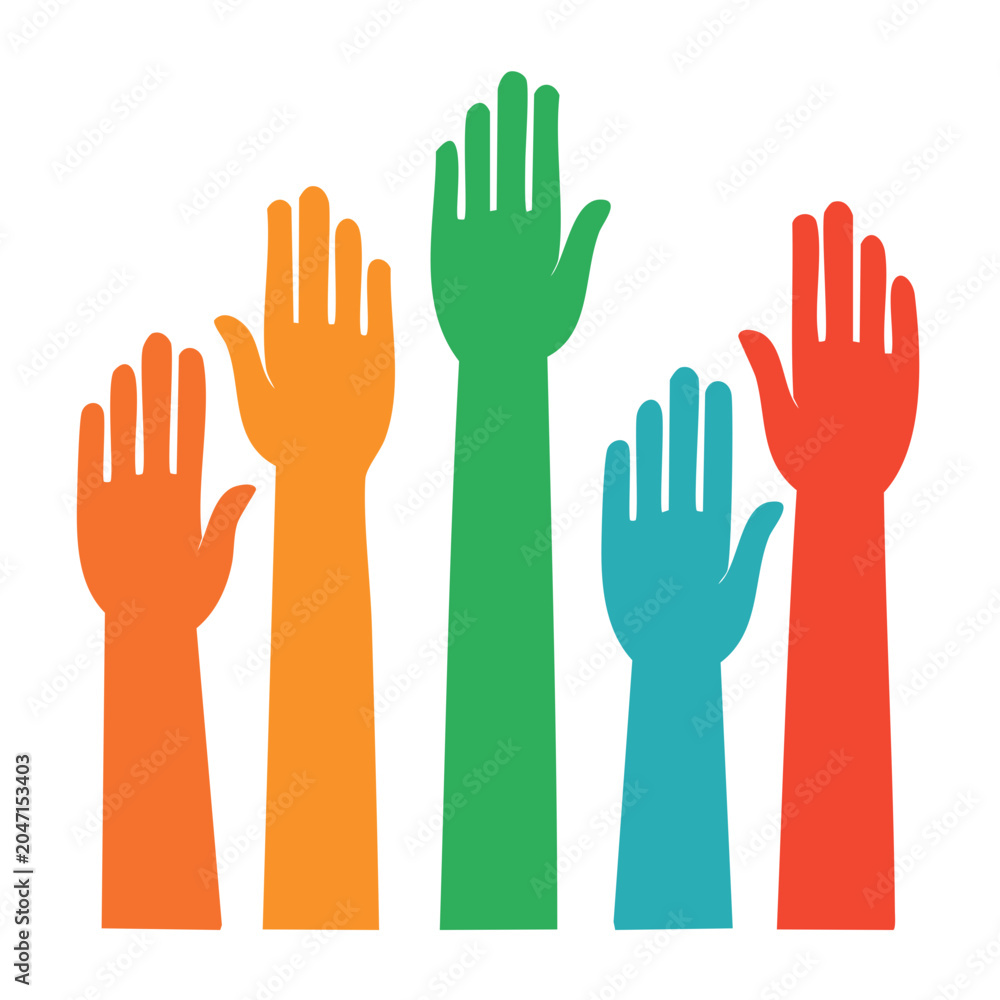 Fototapeta premium Colorful raised hands in flat design style