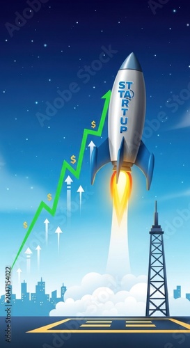 Startup Rocket Launching With Rising Financial Growth Graph.