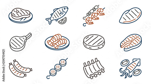 Assorted Grilled and Cooked Seafood and Meat Illustrations