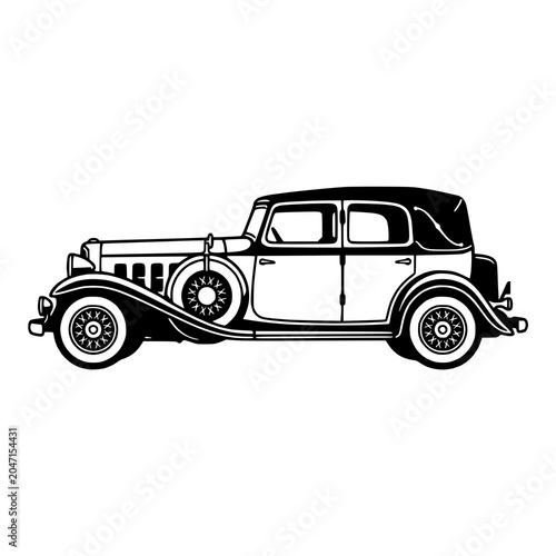 Classic Vintage 1930s Style Sedan Black and White Side Profile Vector