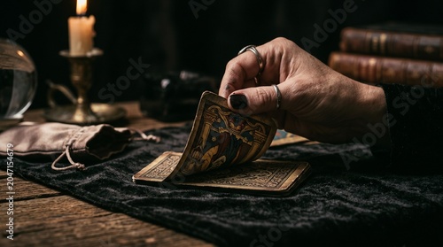 Fortune teller hand turning tarot card on velvet table