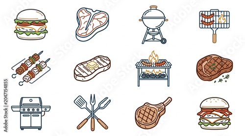 Illustrations of Grilled Food and Barbecue Accessories