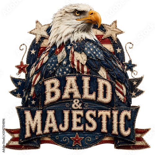 Bald Eagle with Open Wings Patriotic American Flag Banner in Vintage Stitched Patch Style