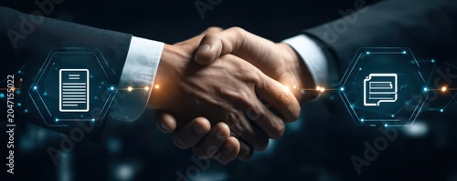 They reach a deal as the handshake signifies a strong alliance, bridging the negotiation into a solid partnership contract and legal agreement.