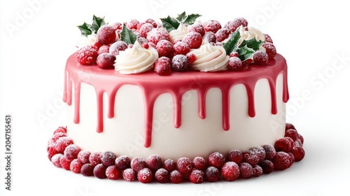 Festive white cake adorned with cranberries, holly, and whipped cream frosting