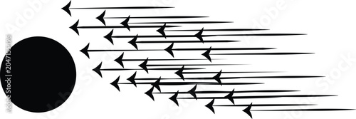 Billede på lærred Circle experiences rapid movement with numerous sharp arrows trailing behind it on white background