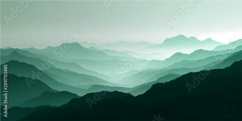 Misty emerald mountain range layered mist, creating ethereal ethereal panorama, serene quietude, vastness.