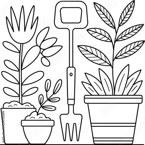 Black and white line of potted plants and a garden hand fork