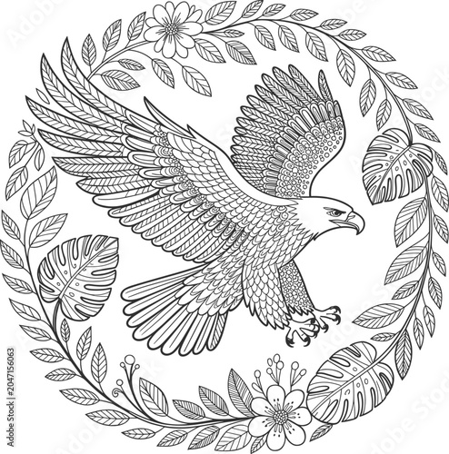 Zentangle eagle flying inside a floral and tropical leaf wreath