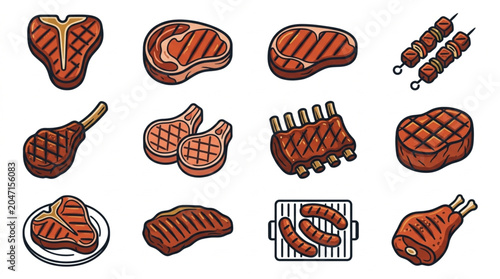 Assorted Grilled and Cooked Meat Cuts Illustration